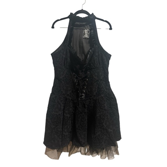 Killstar Gothic Black Velvet Damask Halter Dress Lace Up Corset Tulle Hem XXL - Picture 14 of 16